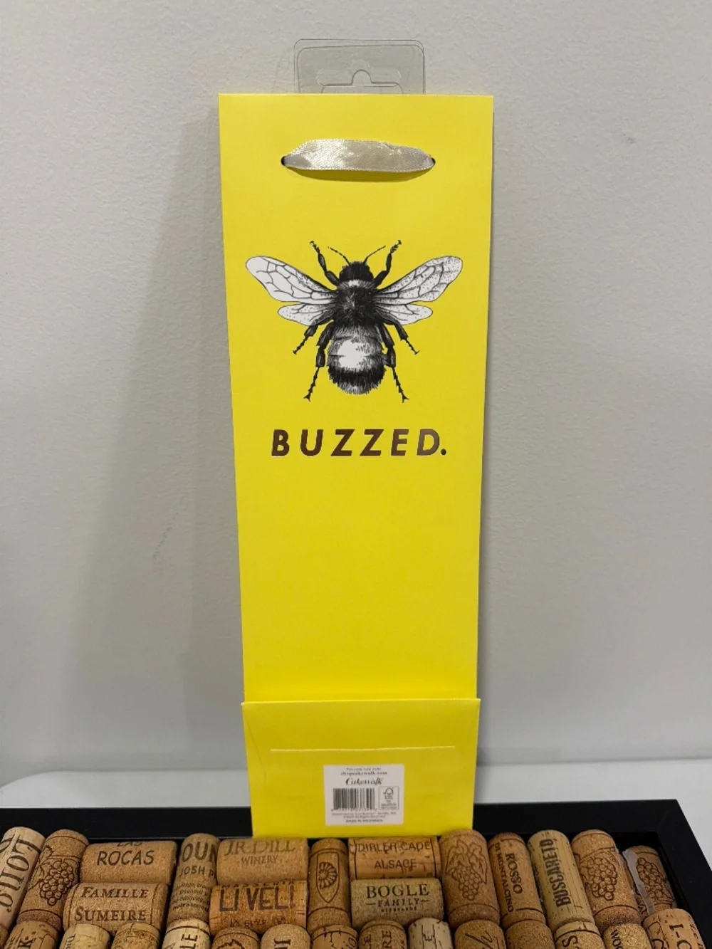 BUZZED. Yellow Black White Bee Graphic Wine Bottle Bag Gift Holder